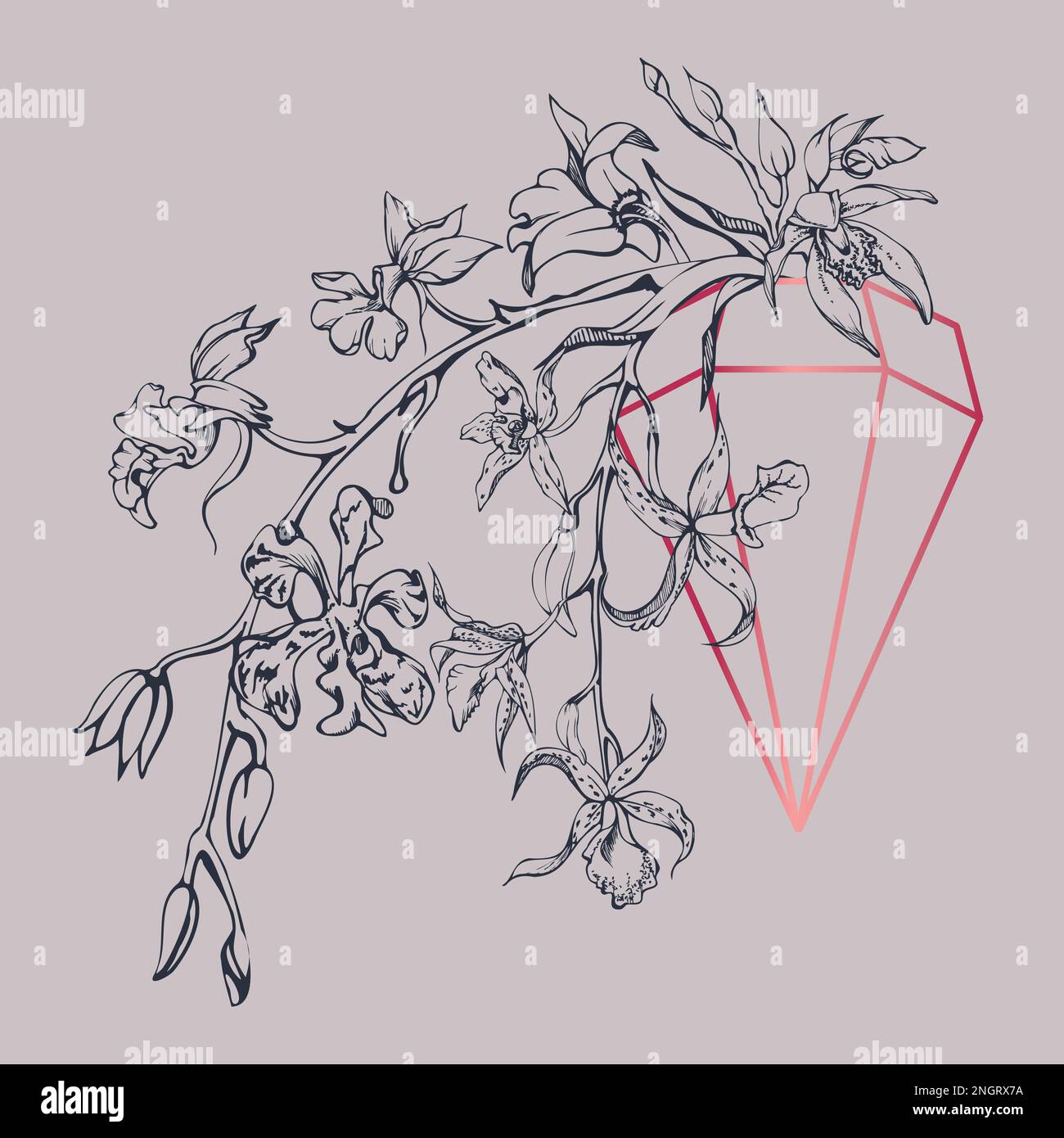 Fleurs et branches d'orchidées à encre vectorielle dessinées à la main, monochrome, contour détaillé. Composition en cristal. Couleur magenta Viva. Design pour mur Illustration de Vecteur