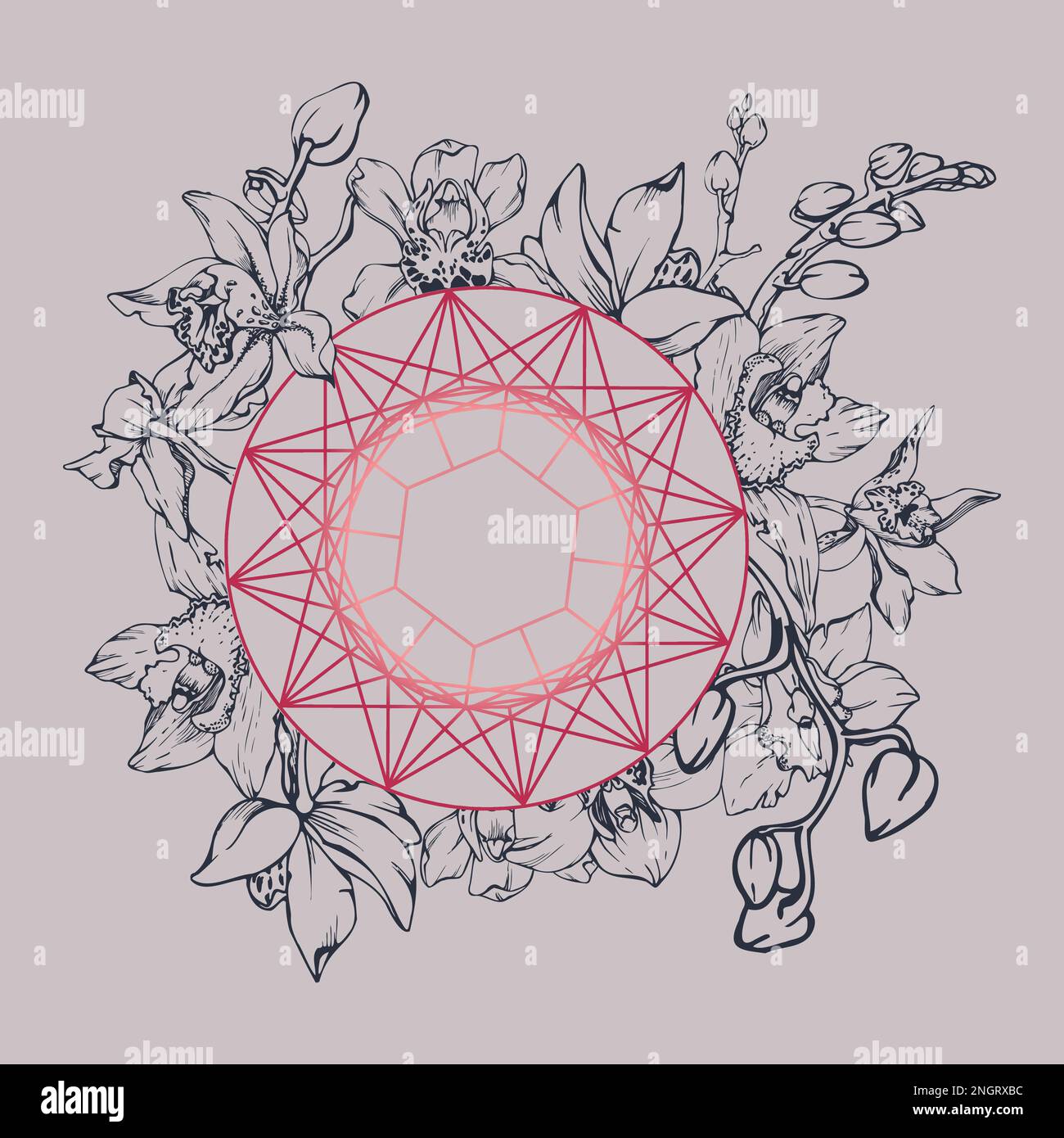 Fleurs et branches d'orchidées à encre vectorielle dessinées à la main, monochrome, contour détaillé. Composition en cristal. Couleur magenta Viva. Design pour mur Illustration de Vecteur