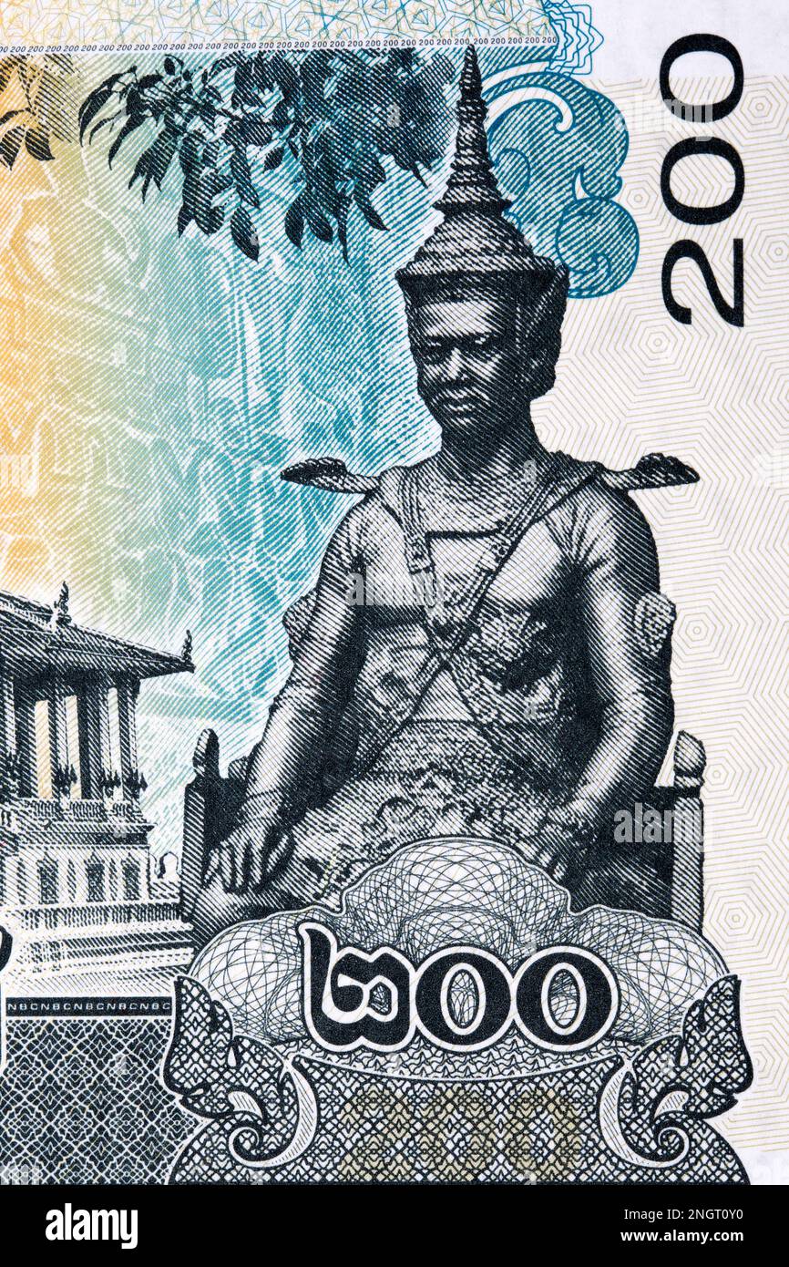 Statue du roi Sisowath au Musée national du Cambodge de l'argent - 200 riel Banque D'Images