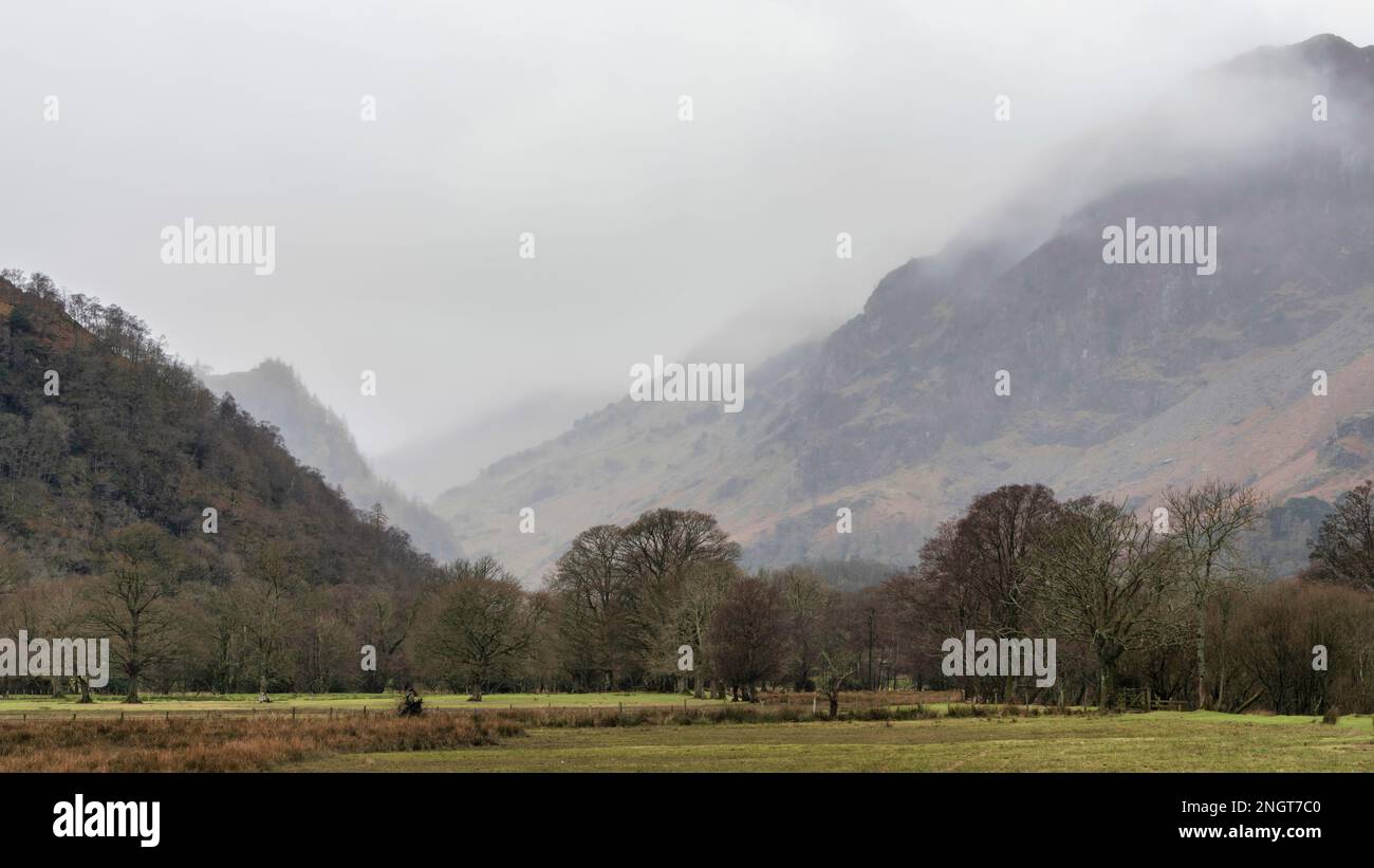 Magnifique paysage du matin d'hiver, vue sur Manesty Park en direction de la montagne Castle Crag en arrière-plan Banque D'Images