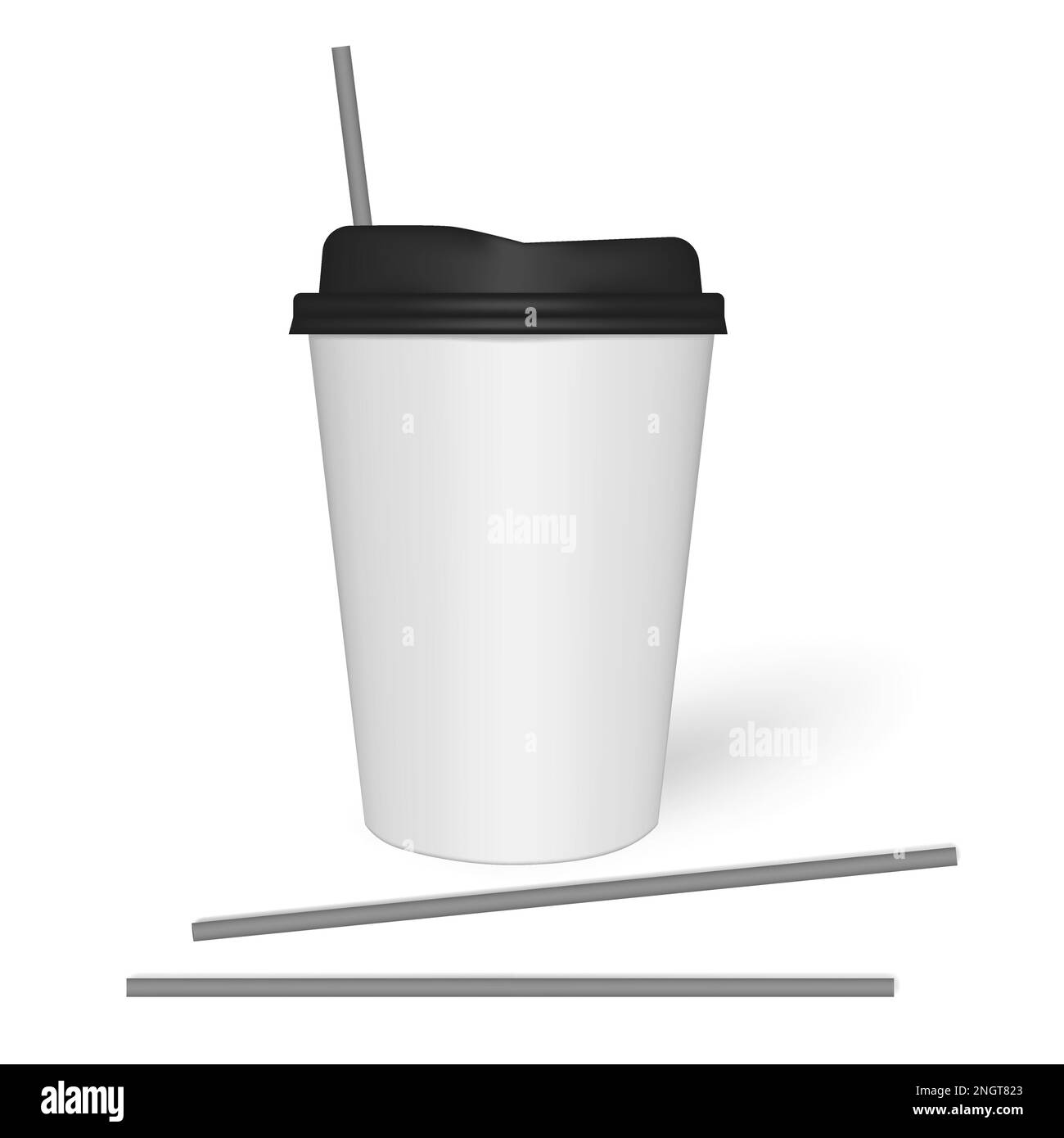 Tasse à café en papier blanc jetable To Go avec couvercle en plastique noir et pailles à boire, maquette vectorielle Illustration de Vecteur