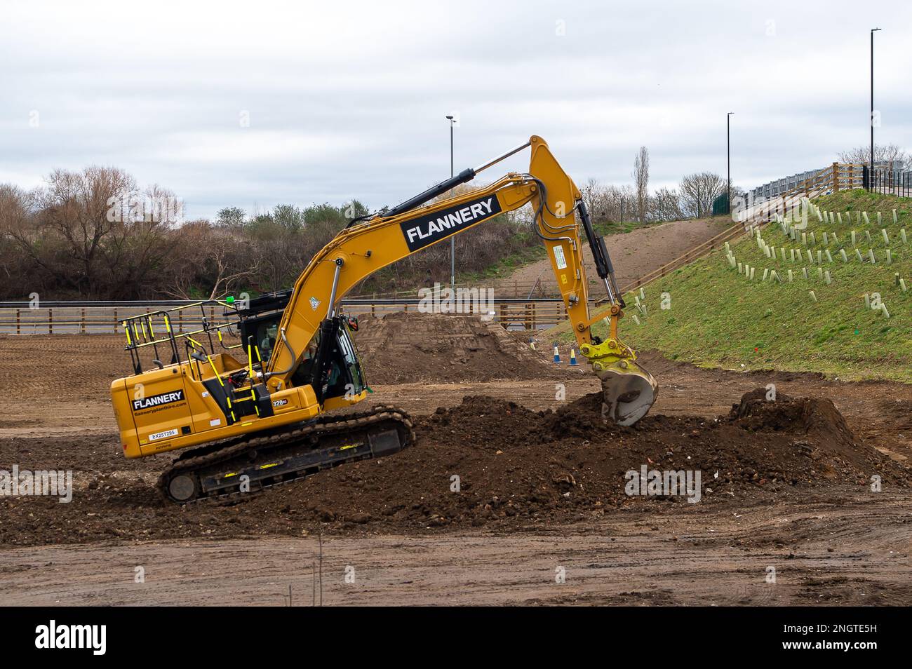 Datchet, Berkshire, Royaume-Uni. 17th février 2023. Le composé de M4 à Datchet, à la frontière de Slough, qui a été utilisé pour stocker tous les matériaux de travaux de l'autoroute intelligente, est maintenant mis hors service. Une tranchée est creusée pour enterrer le câblage. D'énormes tas de terre sont enlevés et l'escrime de protection autour de deux vieux chênes a été enlevé. La région était auparavant utilisée comme champs pour les chevaux de pâturage. Crédit : Maureen McLean/Alay Banque D'Images