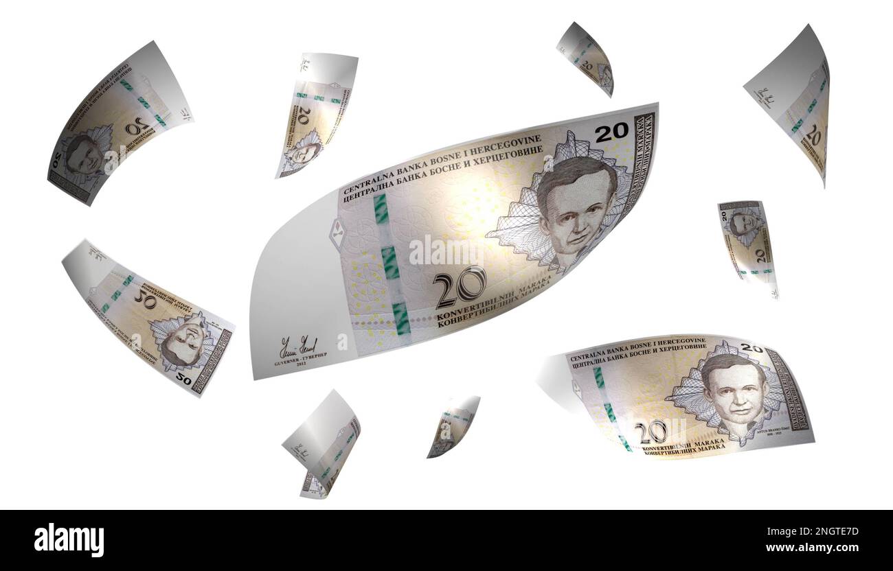 3D Illustration Bosnie 20 Marka Flying Money Banknote Banque D'Images