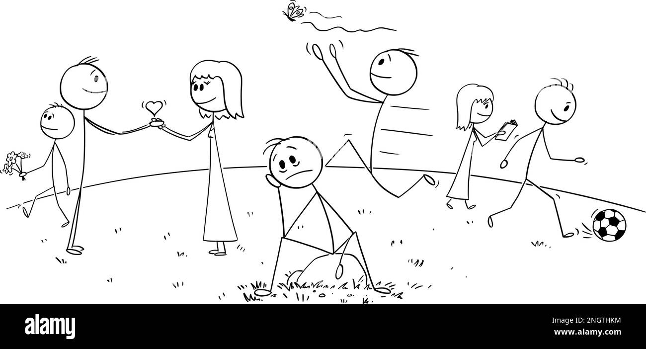 Personne malheureuse, les gens autour sont heureux , Vector Cartoon Stick Figure Illustration Illustration de Vecteur