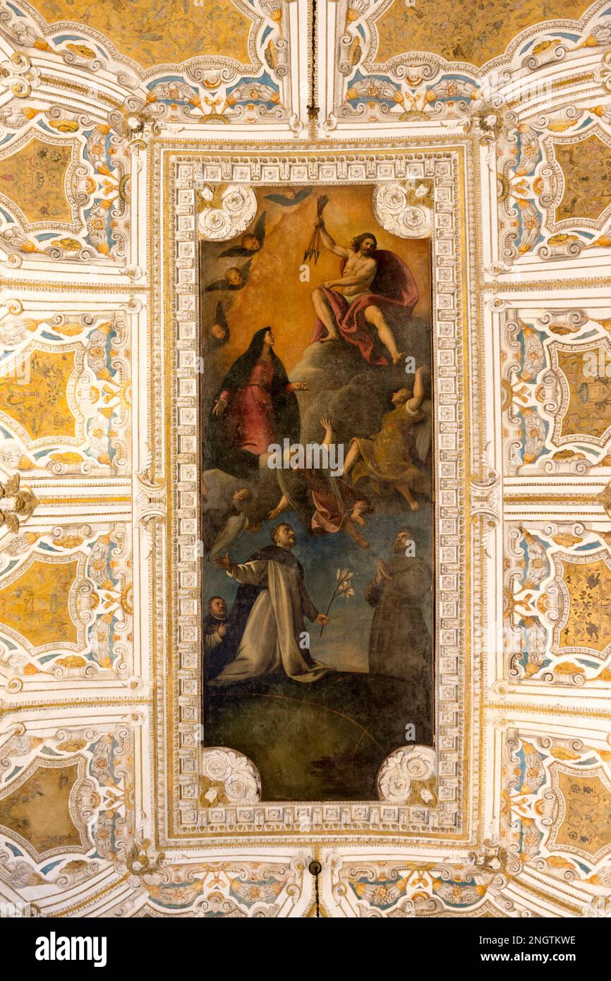 La Vierge de Marco Vecellio sur Terre envoyant les deux fondateurs Dominic et François, Sacristie de la Basilique dei Santi Giovanni e Paolo, Venise, Italie Banque D'Images