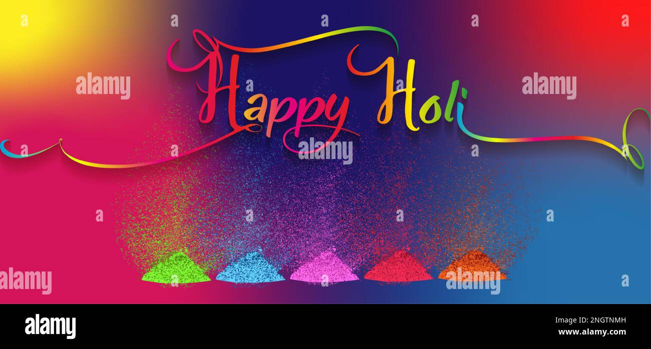 Happy Holi Indian Festival Banner, gulaal coloré, couleur poudre, carte de fête avec motif d'explosion coloré et cristaux sur papier multimoteurs Illustration de Vecteur