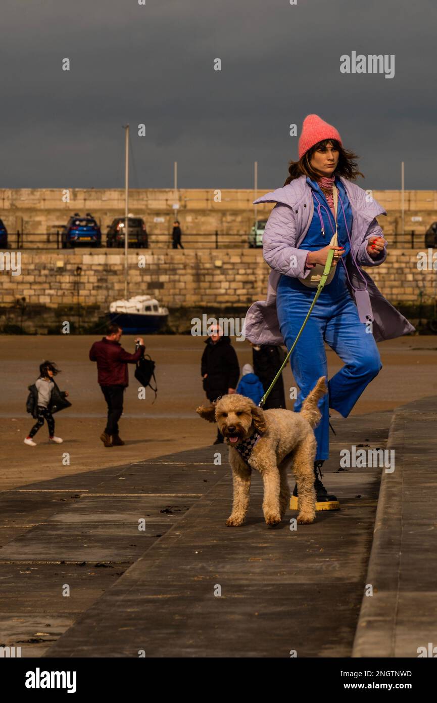 Margate, Royaume-Uni. 18 févr. 2023. Marcher le chien sur le mur du port et la plage - la vie sur le front de mer de Margate. Crédit : Guy Bell/Alay Live News Banque D'Images