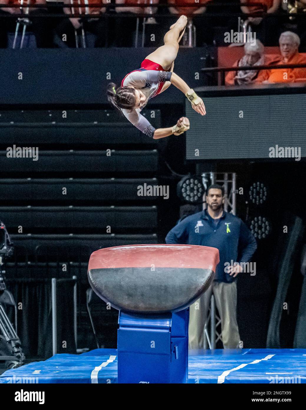 Malia Hargrove, en Arizona, a été classée deuxième dans la voûte avec un score de 9,975 et deuxième dans la rencontre de gymnastique féminine entre l'université d'État de l'Oregon et l'université de l'Arizona à Gill Coliseum, Corvallis, Oregon on 18 février 2023 (photo de Jeff Wong/Sipa USA) Banque D'Images