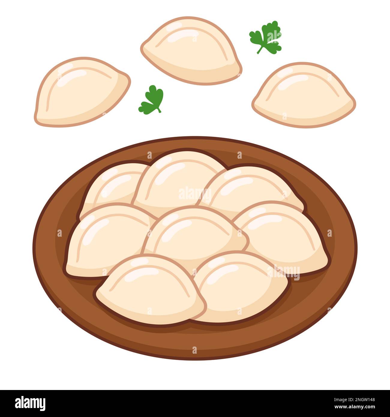 Boulettes traditionnelles d'Europe orientale pierogi ou varenyky sur une assiette. Illustration vectorielle de dessin animé. Illustration de Vecteur