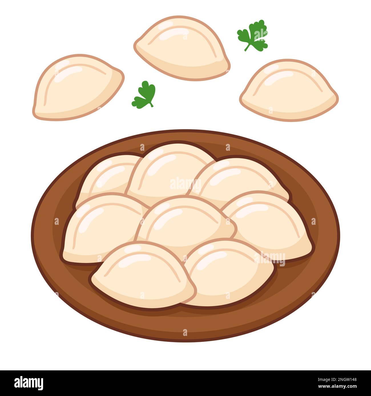Boulettes traditionnelles d'Europe orientale pierogi ou varenyky sur une assiette. Illustration vectorielle de dessin animé. Illustration de Vecteur