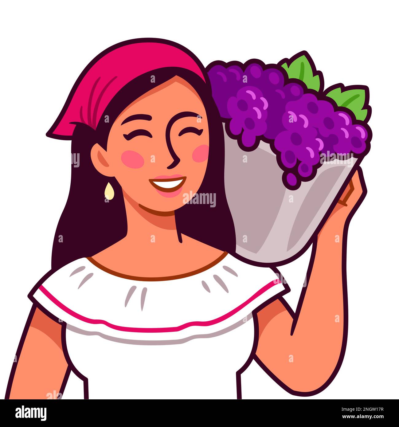Jolie femme hispanique tenant un panier de raisins. Vendange et vinification. Illustration vectorielle de personnage de dessin animé. Illustration de Vecteur