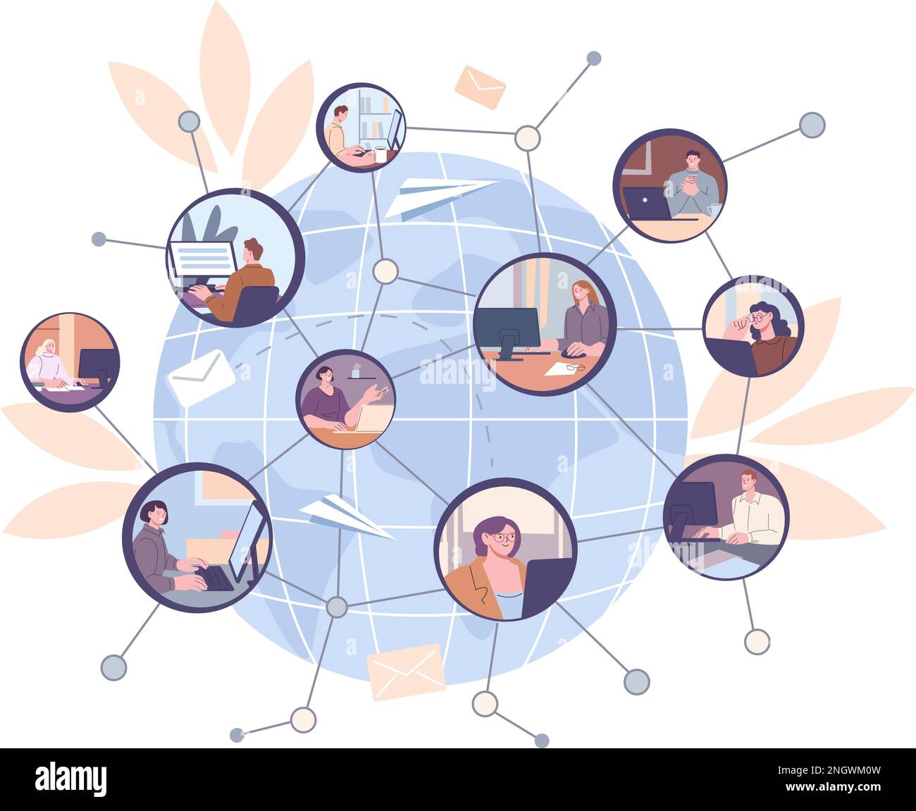Réseau social mondial, personnel de communication ou collaboration d'entreprise internationale. Caractères vectoriels kicky de bureau d'interaction à distance Illustration de Vecteur