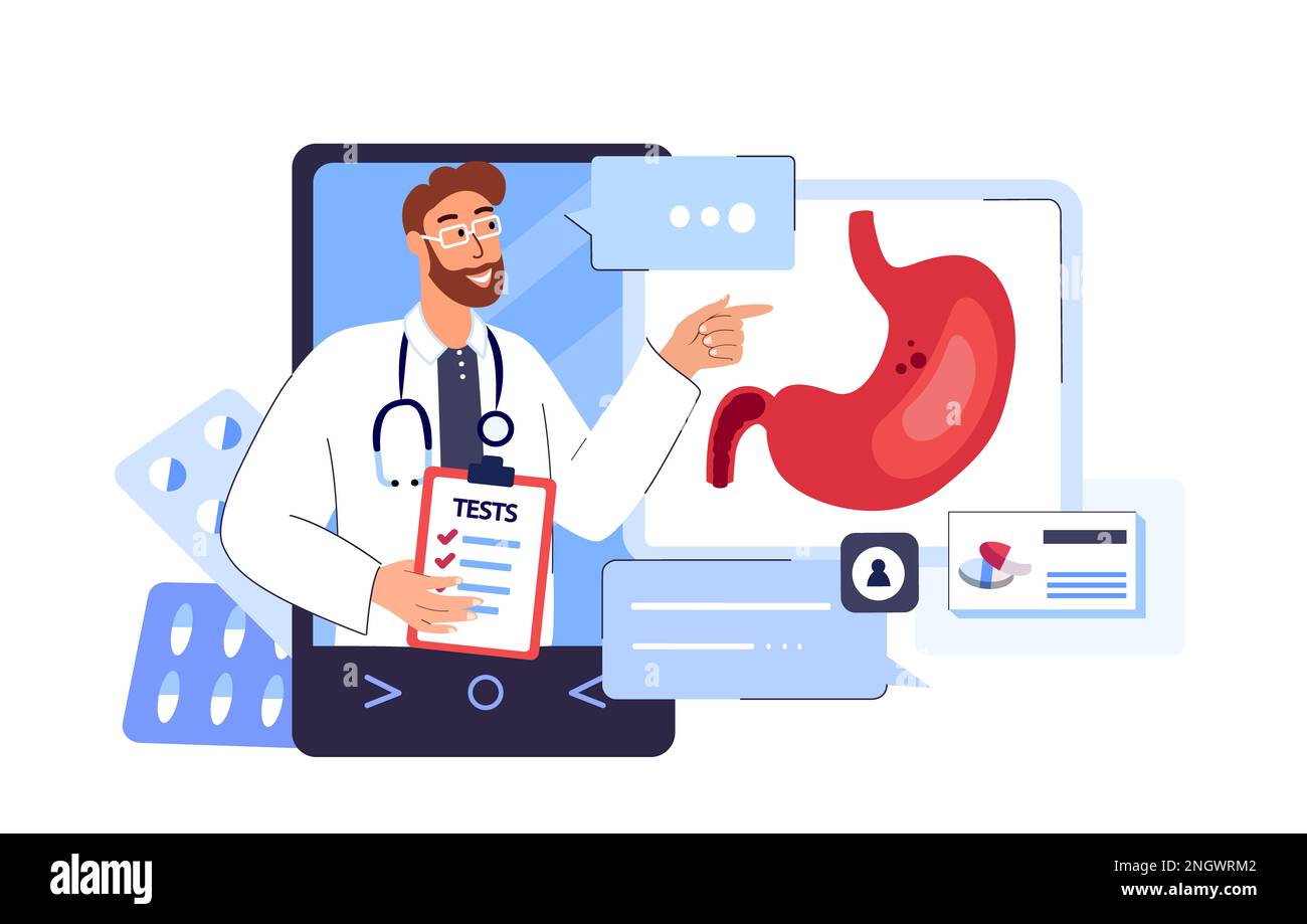 Médecin en ligne gastro-entérologue Consuing dans l'Internet.traitement maux d'estomac,gastrite.diagnostic en ligne,application médicale.consultation clinique Banque D'Images