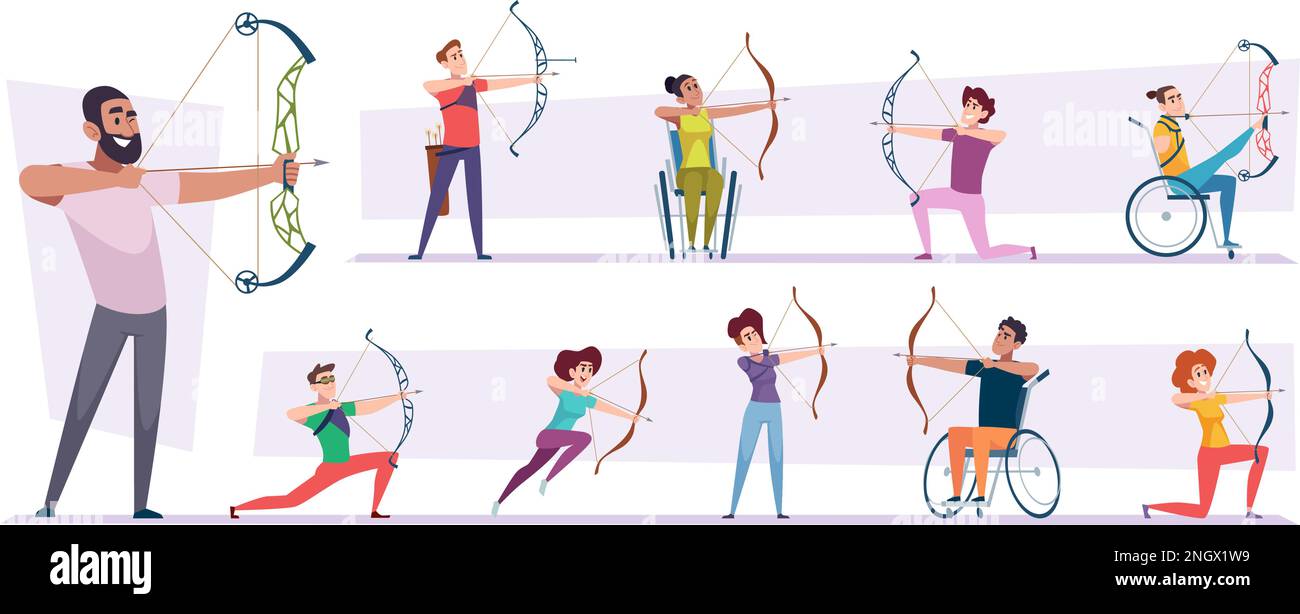 Archers. Les personnages de sport d'incapacité de tir pour viser les personnes vectorielles exactes dans le style de dessin animé Illustration de Vecteur