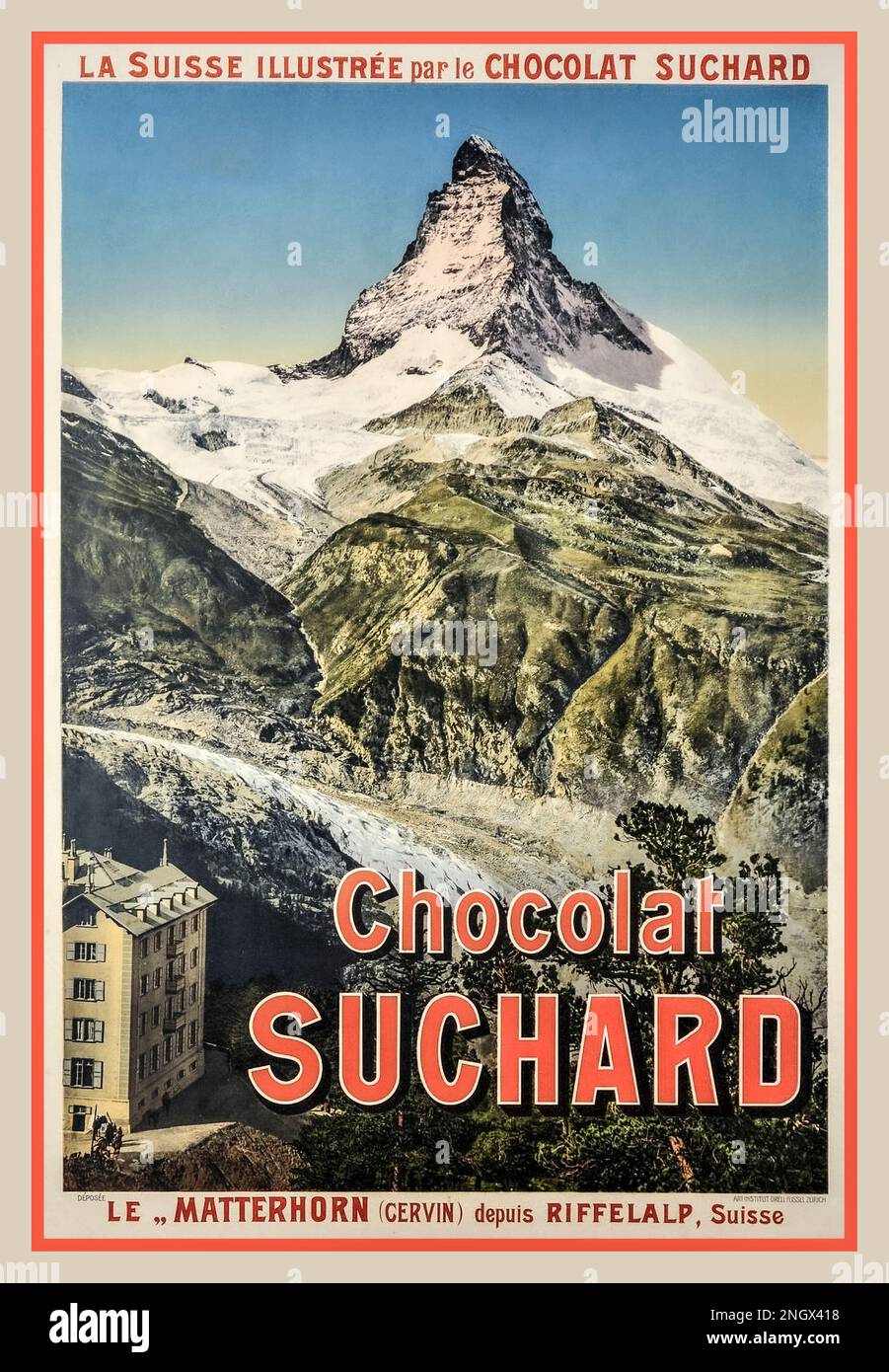 Chocolat Suchard Vintage 1908 Poster chocolat présentant la montagne du Cervin au-dessus de Zermatt. Cervin depuis Riffelalp SUISSE Suisse Banque D'Images