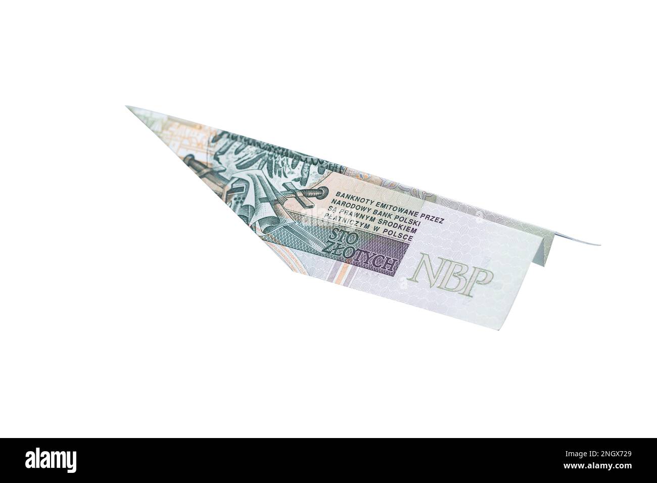 Cash Polish billet de zloty plié dans l'avion isolé sur fond blanc. Transfert d'argent express PLN ou paiement bancaire. Frais de voyage en Pologne. Banque D'Images
