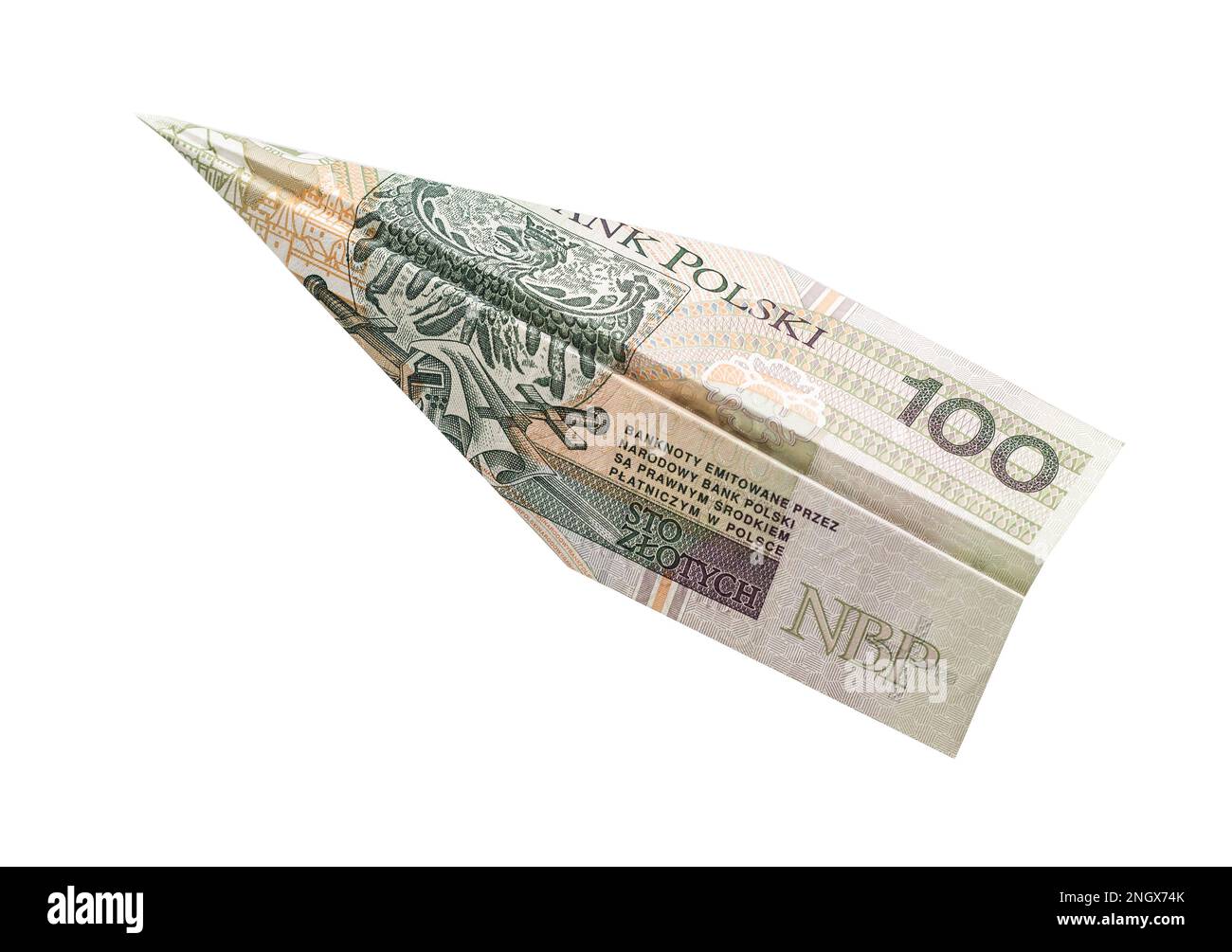 Cash Polish billet de zloty plié dans l'avion isolé sur fond blanc. Transfert d'argent express PLN ou paiement bancaire. Frais de voyage en Pologne. Banque D'Images