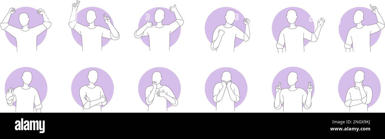 Langage corporel de base. Personne action posture, homme simple pictogramme  pose la pensée humaine gestuelle pointant, main bras signe actions normales  ou figure de symbole, illustration vectorielle de l'expression humaine  isolée Image