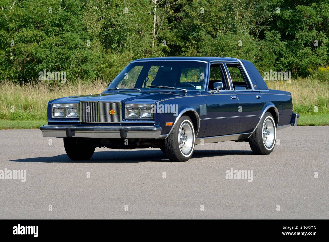 Vue avant du Chrysler New Yorker 1982 Fifth Avenue Edition, bleu foncé, contre les arbres au soleil éclatant. Banque D'Images