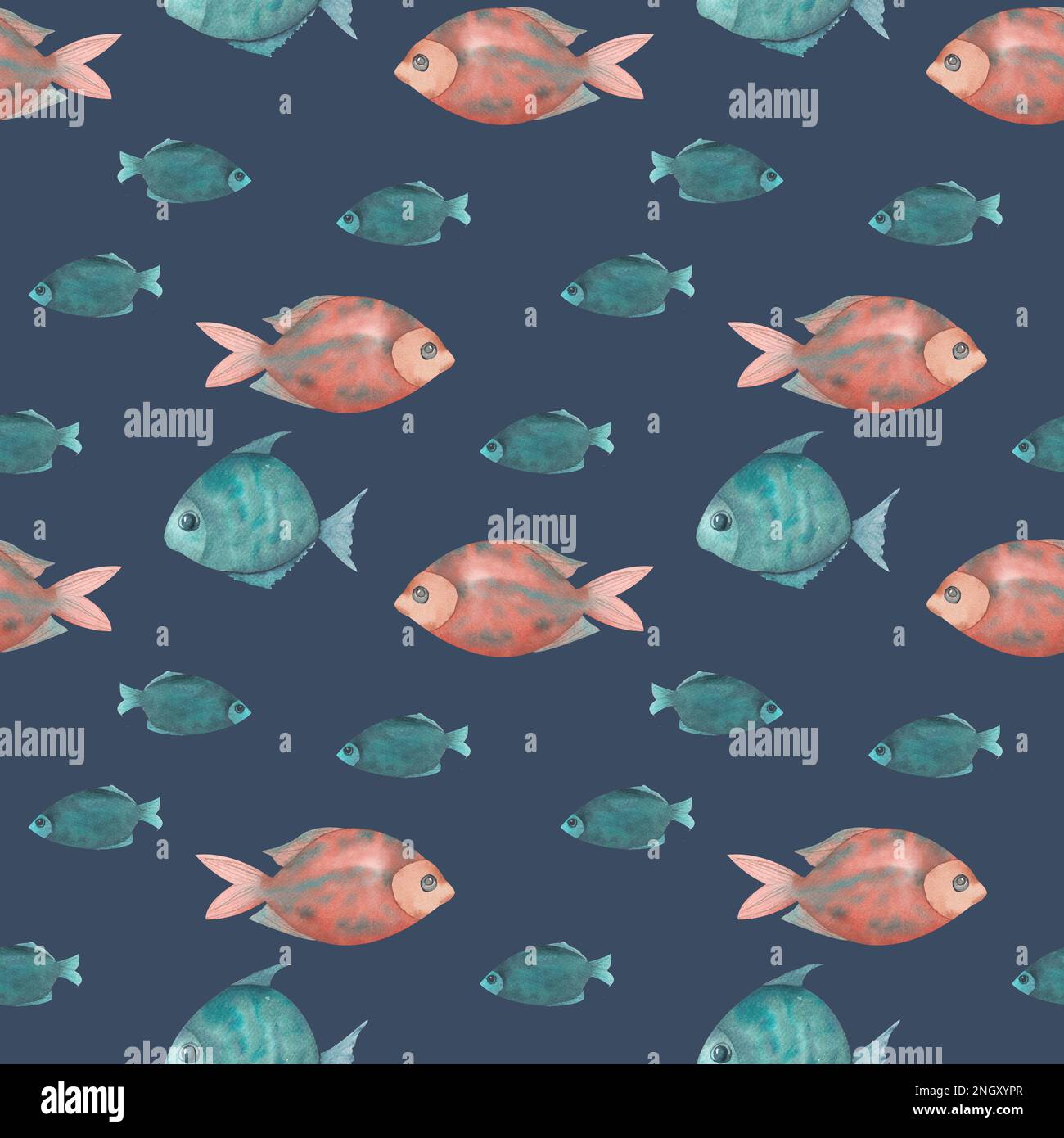 Motif poisson aquarelle dessiné à la main sans couture. Un ensemble de poissons bleus et rouges décoratifs Banque D'Images