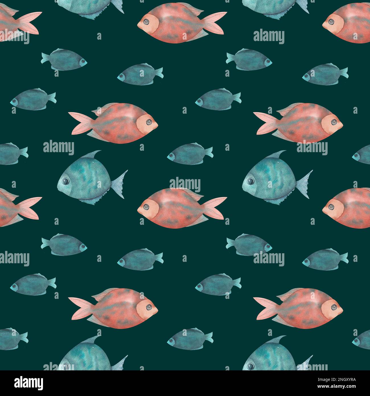 Motif poisson aquarelle dessiné à la main sans couture. Un ensemble de poissons bleus et rouges décoratifs Banque D'Images