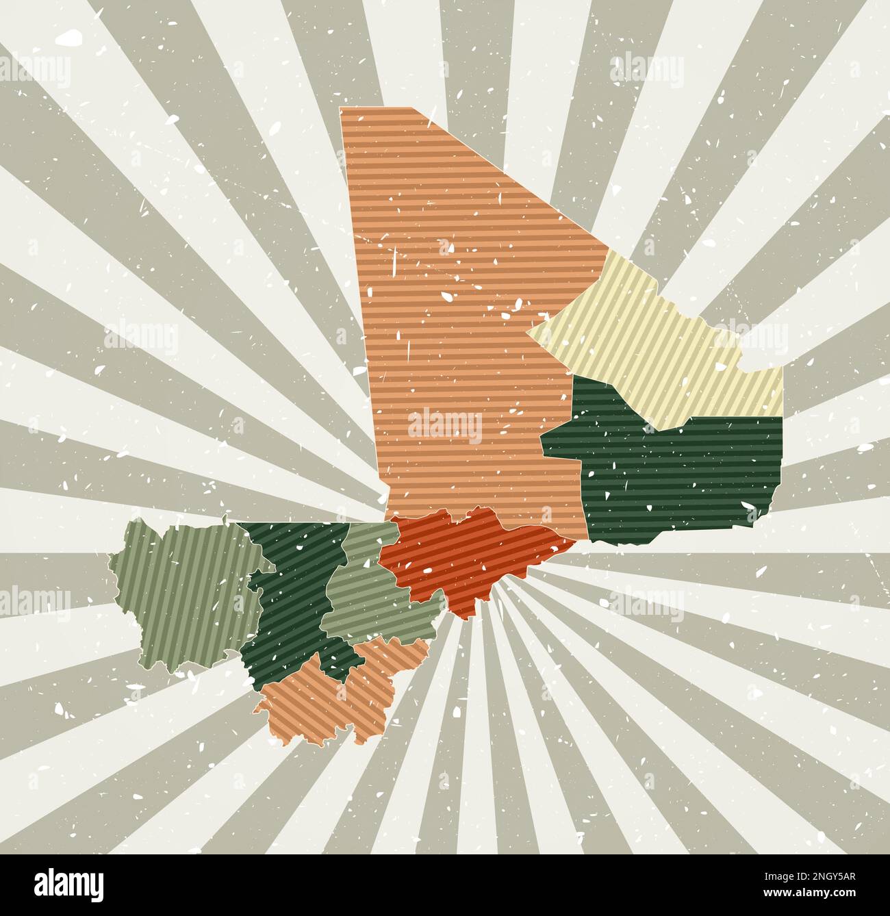 Mali carte d'époque. Affiche grunge avec carte du pays dans la palette de couleurs rétro. Forme du Mali avec arrière-plan rayons de soleil. Illustration vectorielle. Illustration de Vecteur