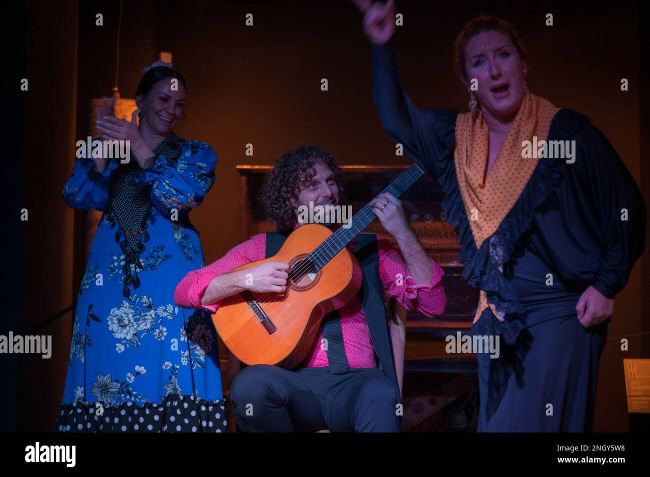 Malaga, Espagne - 15 janvier 2023: Spectacle de flamenco au musée interactif de la musique, photo a été faite lors de l'intermission spéciale pour prendre des photos Banque D'Images Malaga, Espagne - 15 janvier 2023: Spectacle de flamenco au musée interactif de la musique, photo a été faite lors de l'intermission spéciale pour prendre des photos Banque D'Images
