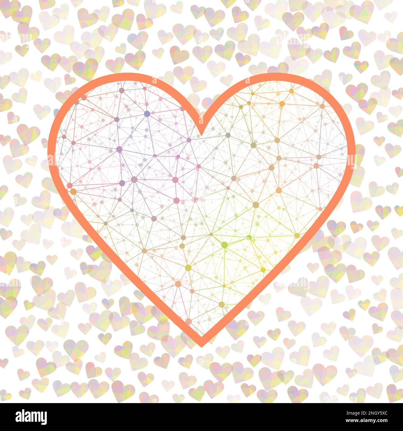 Signe Saint-Valentin. Maille de coeur géométrique dans les tons de couleur vert, orange et bleu avec des connexions vertes, orange et bleues. Illustration de Vecteur