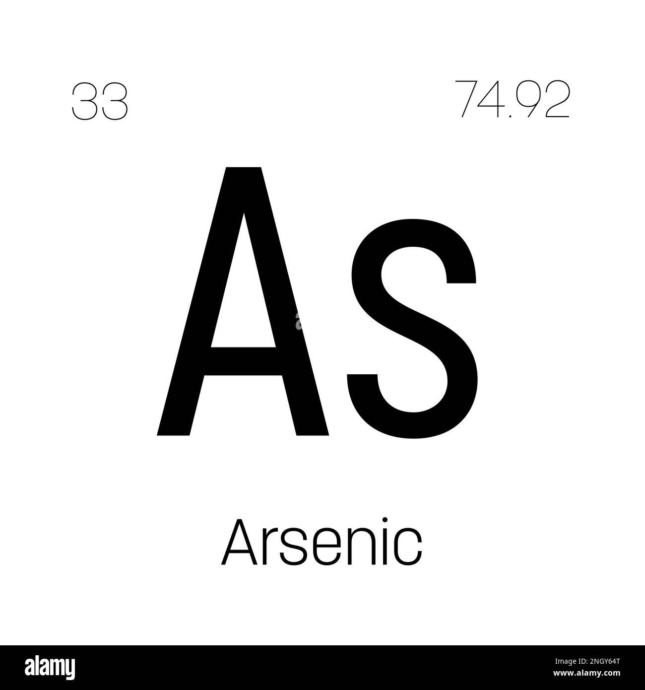 Arsenic, As, élément de table périodique avec nom, symbole, numéro atomique et poids. Métalloïde toxique à usage industriel limité, mais utilisé historiquement dans les pesticides, les agents de conservation du bois et à des fins médicinales. Illustration de Vecteur