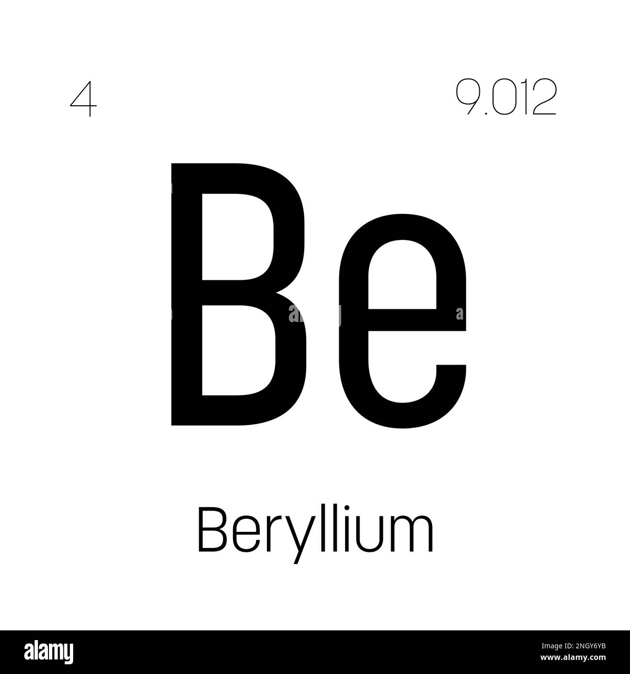 Béryllium, BE, élément de table périodique avec nom, symbole, numéro atomique et poids. Métal léger à haute résistance et résistance à la chaleur, couramment utilisé dans les industries de l'aérospatiale et de la défense. Illustration de Vecteur