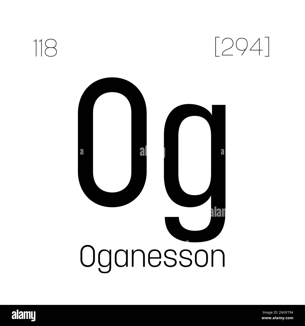 Oganesson, OG, élément de table périodique avec nom, symbole, numéro atomique et poids. Élément synthétique de demi-vie très courte, créé par des réactions nucléaires en laboratoire. Ses propriétés ne sont pas bien comprises en raison de son instabilité. Illustration de Vecteur