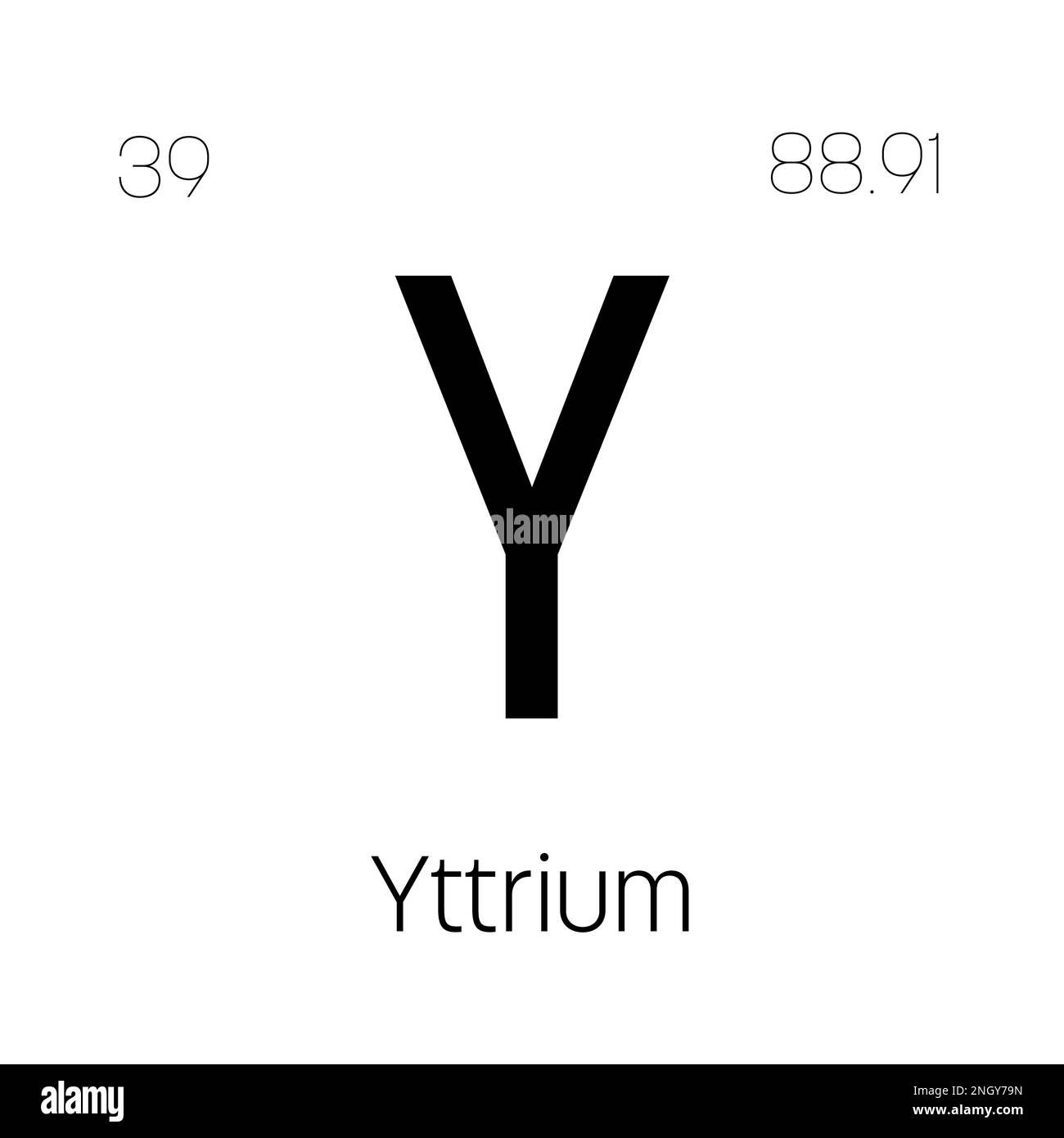 Yttrium, y, élément de table périodique avec nom, symbole, numéro atomique et poids. Métal de terre rare avec diverses utilisations industrielles, comme dans certains types d'éclairage et comme composant dans certains types d'appareils électroniques. Illustration de Vecteur