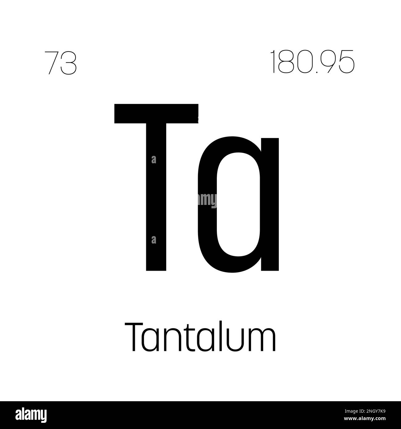Tantale, Ta, élément de table périodique avec nom, symbole, numéro atomique et poids. Métal de transition à diverses utilisations industrielles, comme dans les condensateurs électriques, certains types d'implants médicaux, et comme composant dans certains types d'alliages. Illustration de Vecteur