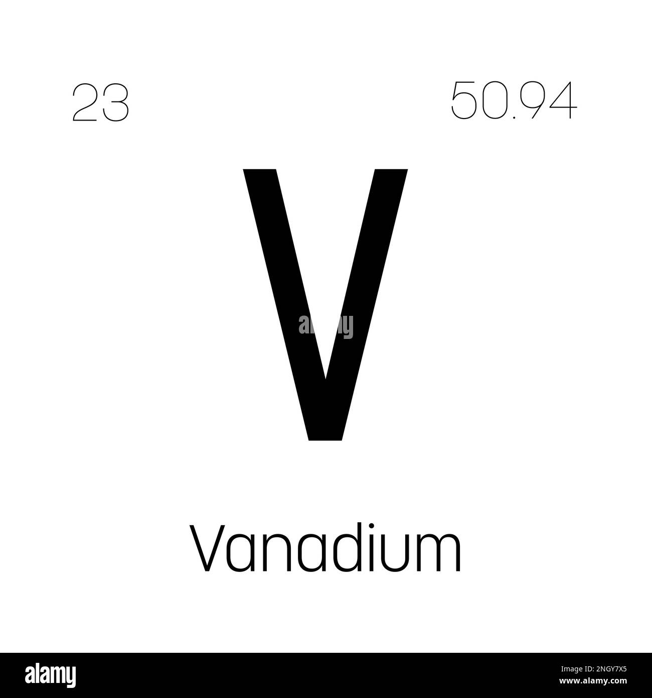 Vanadium, V, élément de table périodique avec nom, symbole, numéro atomique et poids. Métal de transition à diverses utilisations industrielles, comme dans certains types d'acier et comme catalyseur dans certaines réactions chimiques. Illustration de Vecteur