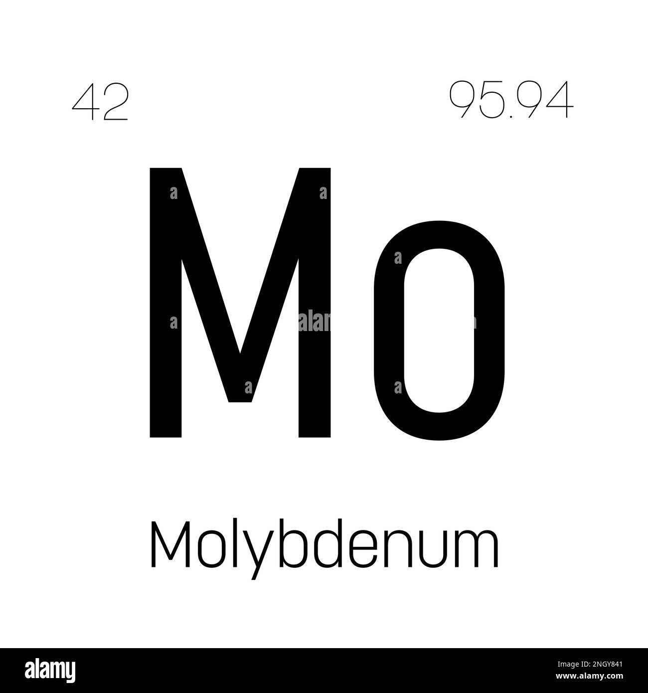 Molybdène, Mo, élément de table périodique avec nom, symbole, numéro atomique et poids. Métal de transition à diverses utilisations industrielles, comme dans la production d'acier, les lubrifiants et comme catalyseur dans certaines réactions chimiques. Illustration de Vecteur