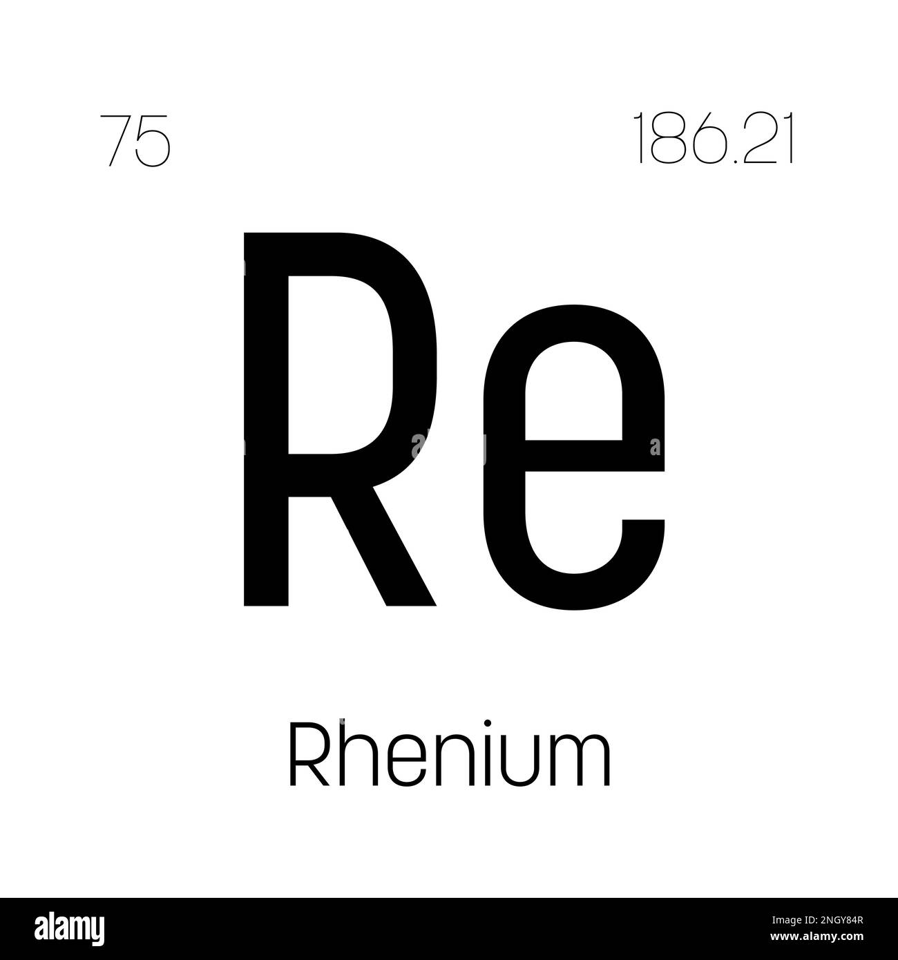 Rhénium, Re, élément de table périodique avec nom, symbole, numéro atomique et poids. Métal de transition à diverses utilisations industrielles, comme dans les superalliages, les contacts électriques et comme catalyseur dans certaines réactions chimiques. Illustration de Vecteur
