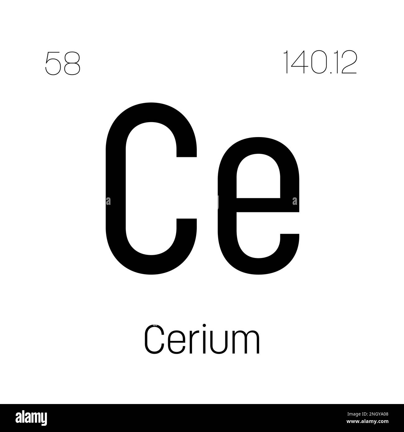 Cérium, ce, élément de table périodique avec nom, symbole, numéro atomique et poids. Métaux terreux rares à diverses utilisations industrielles, comme dans les convertisseurs catalytiques, les agents de polissage et comme composant de teintes plus légères. Illustration de Vecteur