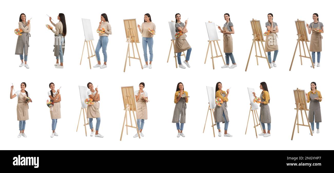 Les jeunes femmes dessinant sur des chevalets sur fond blanc, collage. Bannière Banque D'Images