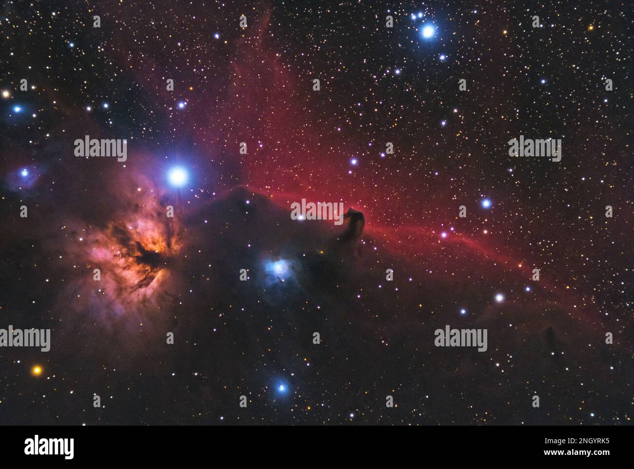 La nébuleuse à tête de cheval dans Orion. La nébuleuse de flamme NGC 2024, la bande de nébuleuse rouge profond IC 434 avec la nébuleuse de cheval. Photographié avec une réfraction 80mm Banque D'Images