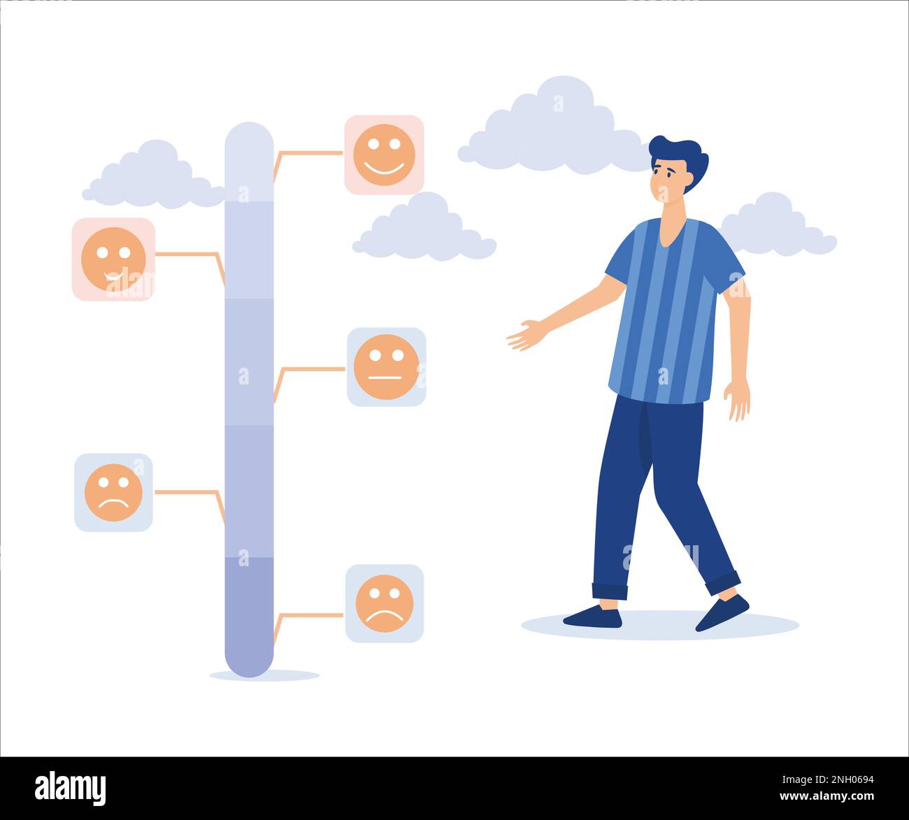 Commentaires des clients en donnant une note basée sur l'expérience ou la qualité du produit et du service, l'homme essayant de pousser la barre de commentaires des clients pour être excellent smil Illustration de Vecteur