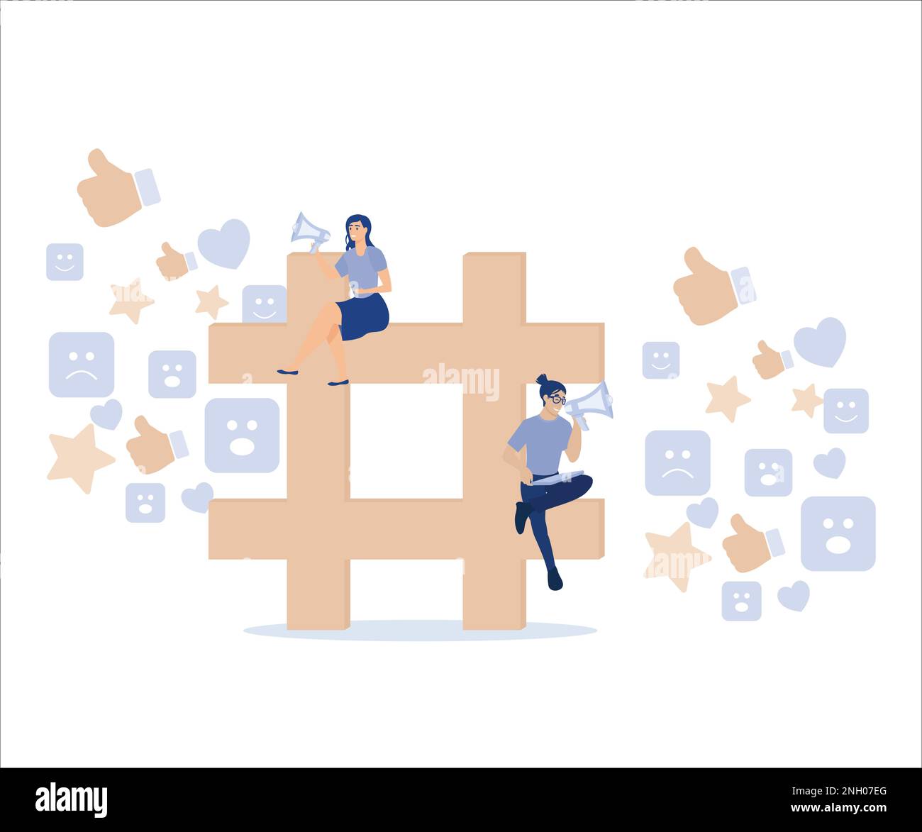 Marketing de médias sociaux, hashtag suiveurs ou concept de stratégie sociale, marketing équipe de publicité annoncer la promotion sur hashtag signe avec social feedbac Illustration de Vecteur