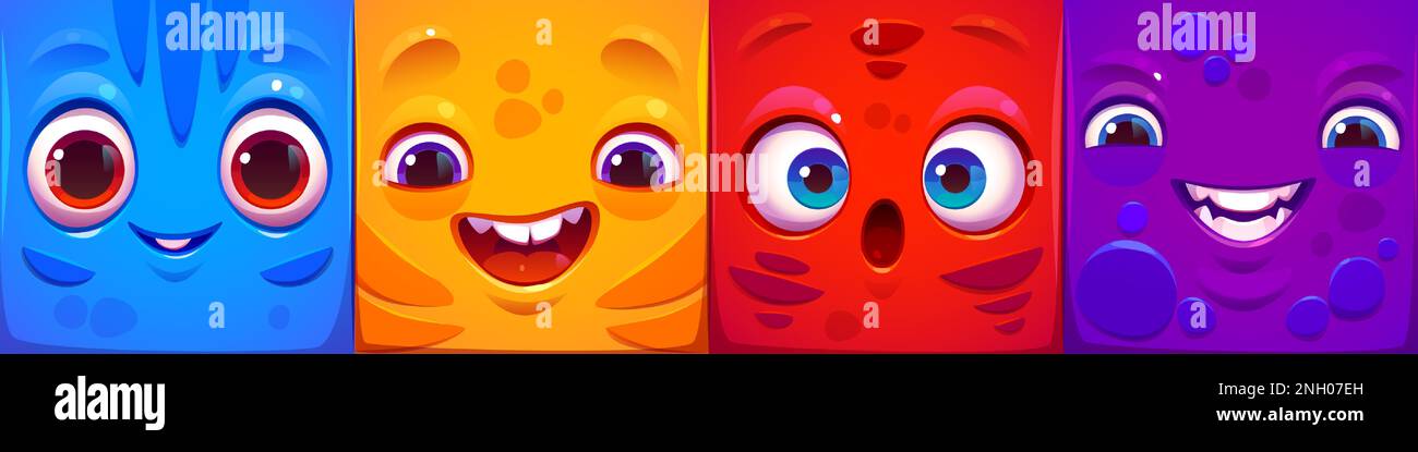 Définir le visage carré du monstre pour l'avatar du joueur de jeu. Expression d'émotion de dessin animé sur les autocollants dans le vecteur. Collection de personnages extraterrestres amusants avec une humeur heureuse, souriante et riante, surprise, bouche ouverte Illustration de Vecteur