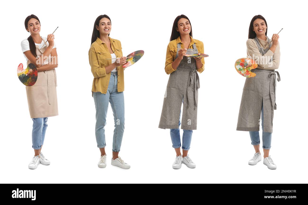 Jeune femme avec outils de dessin sur fond blanc, collage Banque D'Images