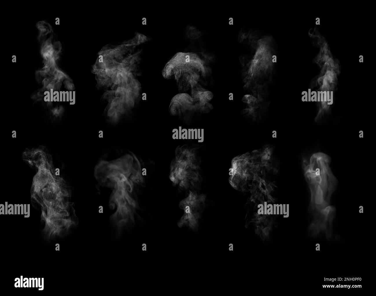 Colonnes de vapeur blanches se levant sur fond noir, collage Banque D'Images
