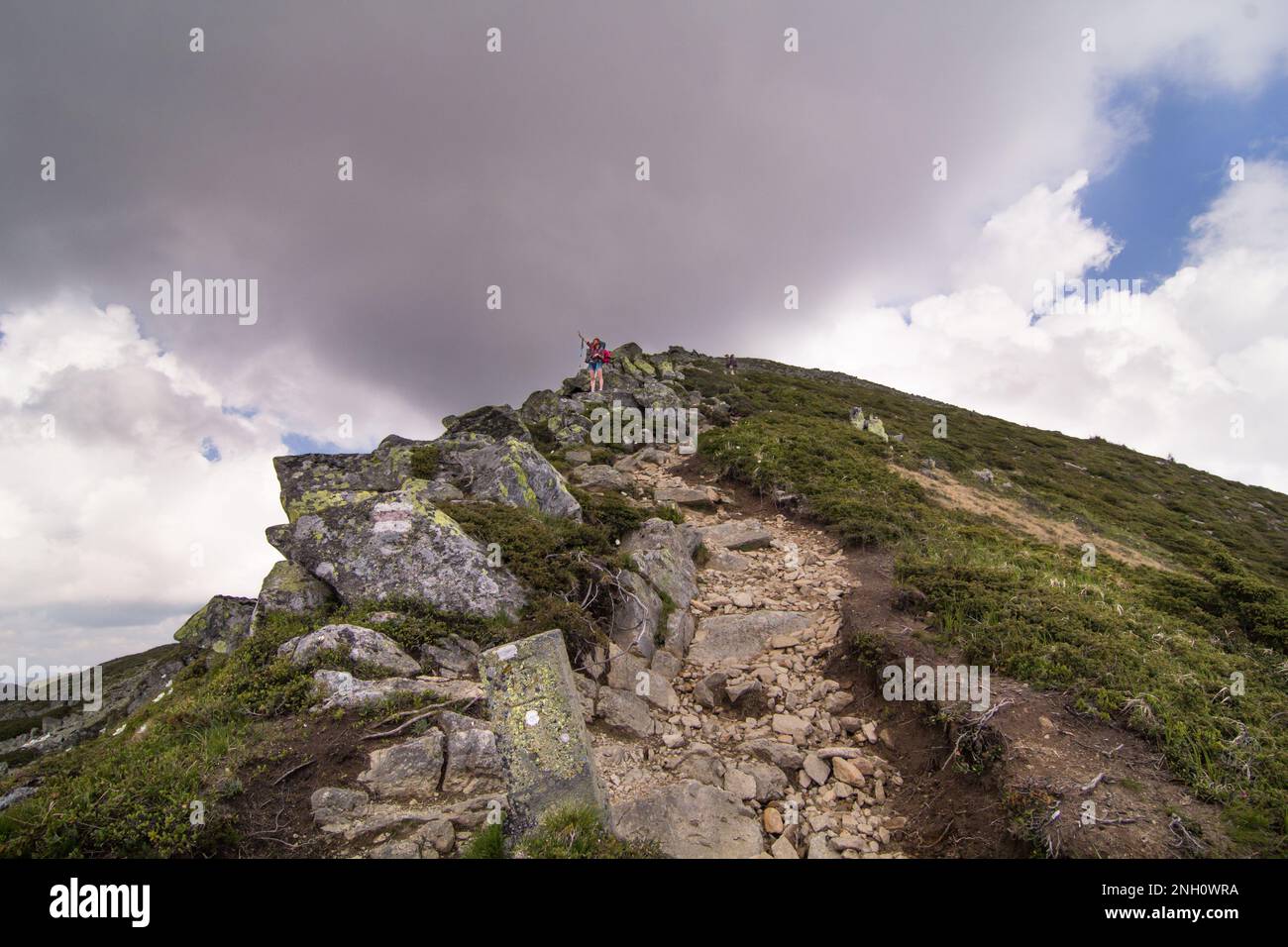 Grimpeurs enthousiastes sur la photographie panoramique de montagne Banque D'Images