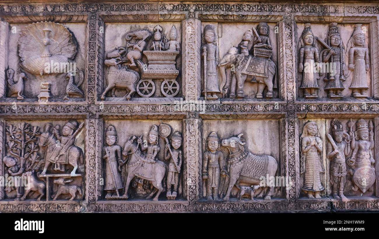 Sculptures anciennes sur le temple Sanka Shyamji, Rajgarh, Madhya Pradesh, Inde. Banque D'Images