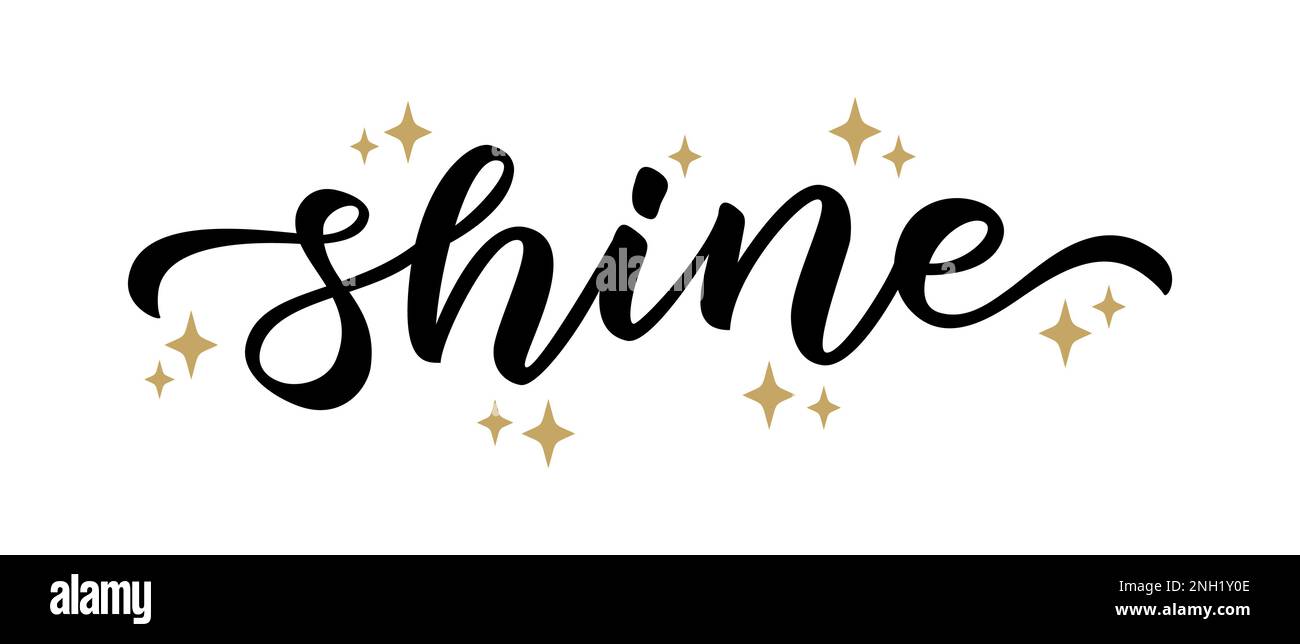 BRILLER. Le mot lettrage au pinceau dessiné à la main est brillant avec des étoiles dorées sur fond blanc. Illustration vectorielle. Illustration de Vecteur