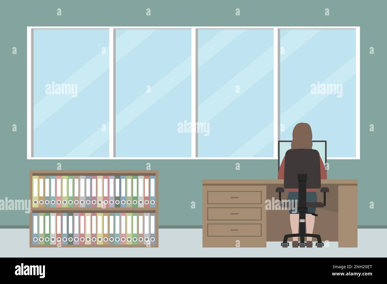 Femme travaillant sur un ordinateur au bureau. Illustration vectorielle. Illustration de Vecteur
