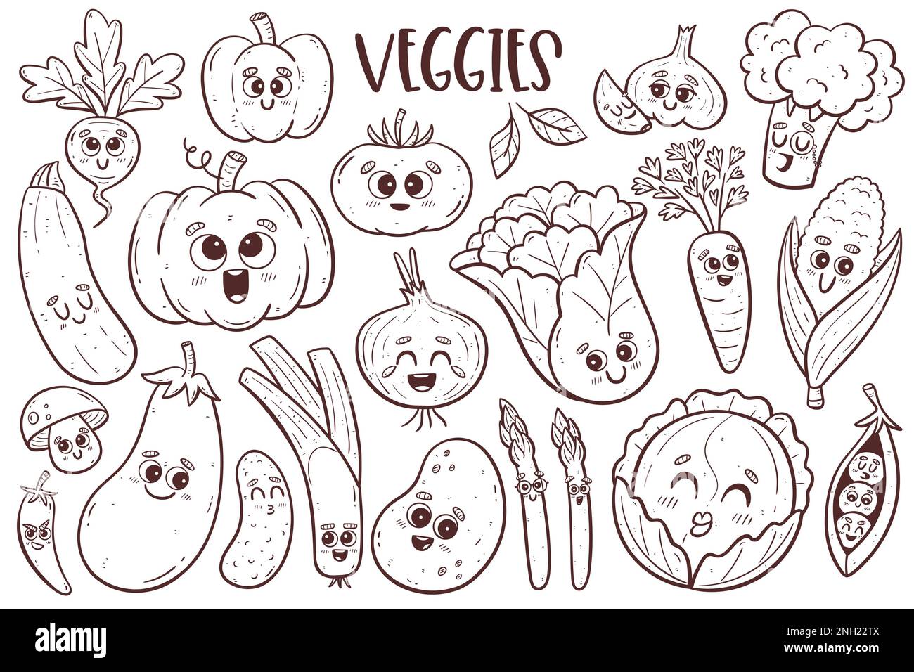 Jolie collection de légumes avec visages de dessin animé. Isolé doodle. Page d'illustration des couleurs. Banque D'Images