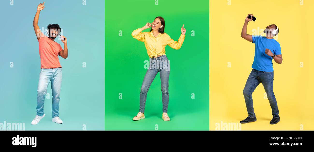 Divers utilisateurs portant un casque d'écoute musique et s'amuser sur des arrière-plans colorés Banque D'Images